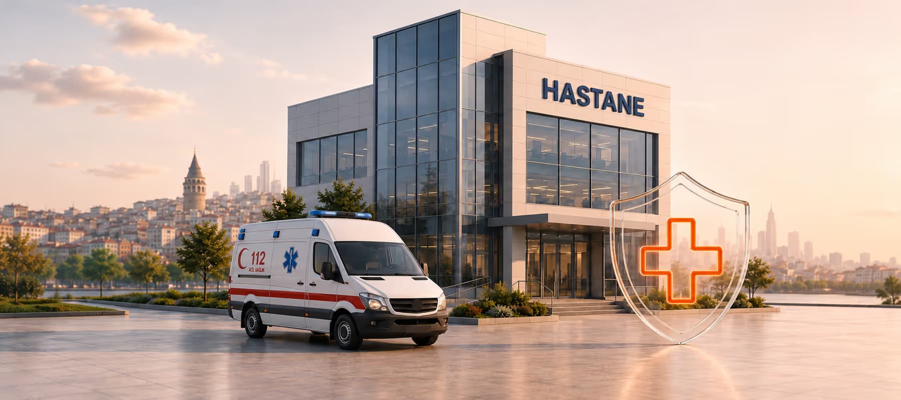Hastane binasının önünde bekleyen ambulans ve yanında kırmızı haç taşıyan cam kalkan