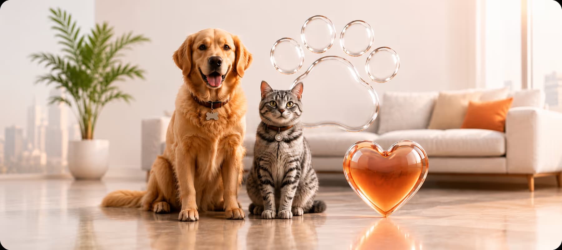 Oturma odasında yan yana oturan bir köpek ile kedi, yanlarında pati ve kalp biçimli cam figürler